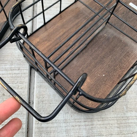 Rustic Nesting Wire Storage Baskets w Wood Base Farmhouse Organizer Set Handles